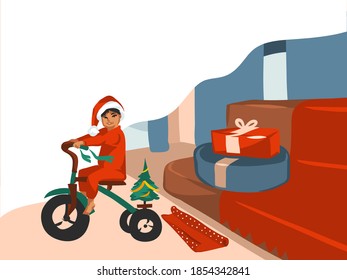 Hand drawn vector fun stock flat Merry Christmas,and Happy New Year cartoon festive card with cute illustrations of boy received a bicycle as a gift in cozy interior isolated on white background