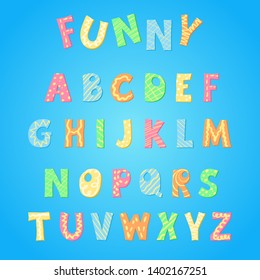Hand drawn vector Funny alphabet on white background in cartoon style. Cute colorful modern font for kids, baby girl t-shirts, nursery, poster, card, birthday party, baby shower.