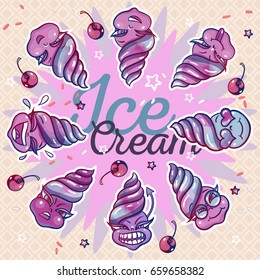 Hand drawn vector funny ice cream characters as a round shape frame. Suitable as stickers, children's menu element or as a print.