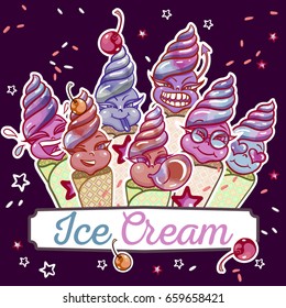 Hand drawn vector funny ice cream characters with figured frame, letters on a purple background with topping. Suitable as stickers, children's menu element or as a print.