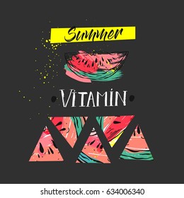 Hand drawn vector funny summer unusual background with abstract watermelon,freehand textures and modern handwritten calligraphy quote "Summer Vitamin" isolated on black background.