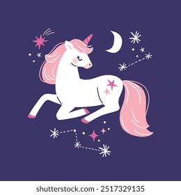 Unicórnio desenhado à mão de galáxia vetora com estrelas sobre fundo azul escuro. Perfeito para o logotipo da camiseta, cartão de saudação, adesivo, clip art ou decoração de berçário. Arquivo de vetor EPS10.