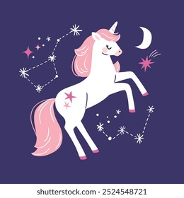 Unicórnio desenhado à mão de galáxia vetora com estrelas sobre fundo azul escuro. Perfeito para o logotipo da camiseta, cartão de saudação, adesivo, clip art ou decoração de berçário. Arquivo de vetor EPS10.