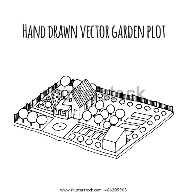 Hand drawn vector garden\
plot illustration in black and white colors. Can be used as\
infographics.