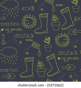 Hand drawn vector garden seamless pattern. Spring country house clip art cute elements.