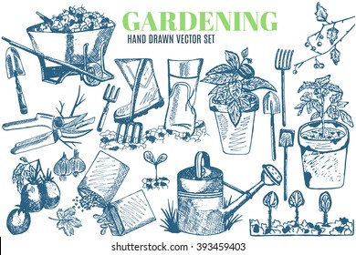 Hand drawn vector garden tools. Garden equipment: shovel, rake,seedlings, seeds, watering can, garden cart.Gardening, farming and agriculture sketch.