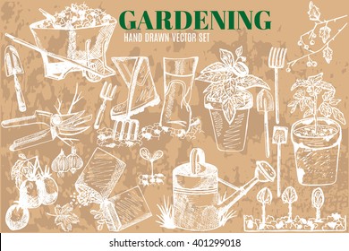 Hand drawn vector garden tools. Garden equipment: shovel, rake,seedlings, seeds, watering can, garden cart.Gardening, farming and agriculture sketch.