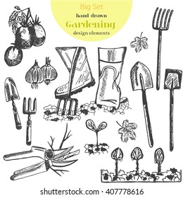 Hand drawn vector garden tools. Garden equipment: shovel, rake,seedlings, seeds,shovel, rake, garden cart.Gardening, farming and agriculture sketch.