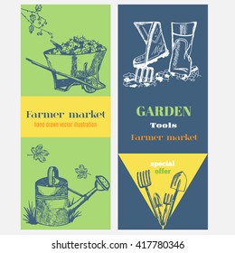 Hand drawn vector garden tools. Garden equipment: shovel, rake,seedlings, seeds, watering can, garden cart.Gardening, farming and agriculture sketch.