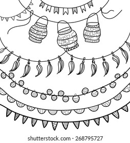 Hand Drawn Vector Garlands, lanterns and Bunting Flags