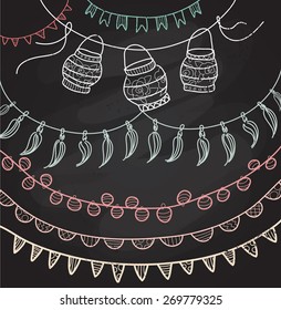 Hand Drawn Vector Garlands, Lanterns And Bunting Flags