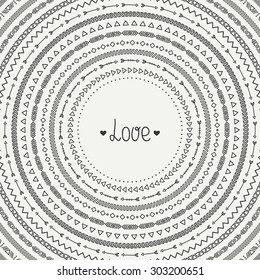 Hand drawn vector geometric ethnic line border, frame, label and scribble design element for your text. Tribal native illustration. Aztec background. Doodle style. Ink graphic texture for design.