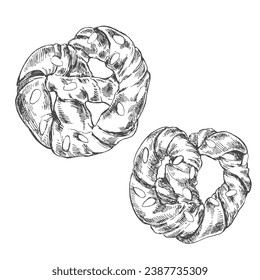 Hand drawn vector german pretzels. Sweet or salty baked pastry. Template for menu, ad, design, label