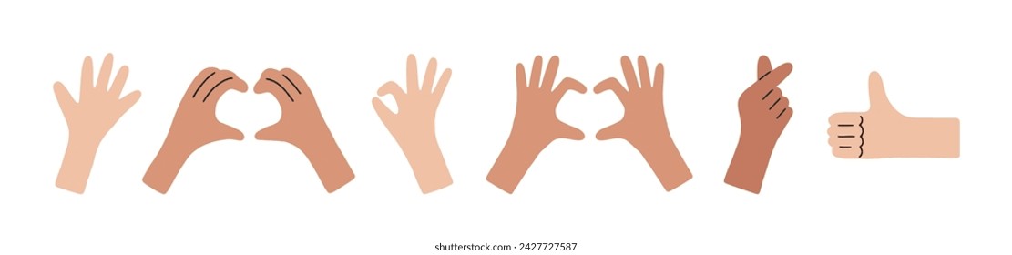 Hand drawn vector hand gestures set isolated on white. Okay and love symbol, high five, thumbs up, heart shape. Trendy hands poses. Support, love, volunteering charity, votes, hope, donation concept