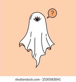 Hand drawn vector Ghost in Y2K style. Orange autumn line illustration. Happy Halloween poster