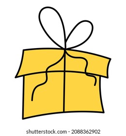 Caja de regalo de vector dibujado a mano en estilo doodle, aislada en fondo blanco.