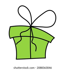 Hand drawn vector gift box in doodle style, isolated on white background.