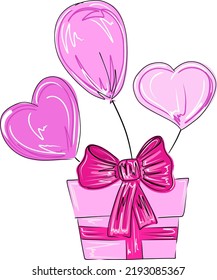 Hand drawn vector gift box and balloons. Cute pink gift box and rosy balloons. Romantic heart balloons. Art for cards, posters, presents, shopping bags, bday, holiday, apparell and 
accessories