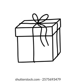 Hand drawn vector gift box wrapped in ribbon with bow. Simple image of Christmas present. Doodle illustration