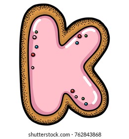 Hand drawn vector gingerbread cookie letter K isolated on white background