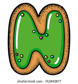 Hand drawn vector gingerbread cookie letter N isolated on white background