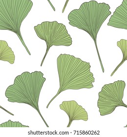 Hand drawn vector ginkgo leaves seamless pattern isolated on white background. Good for fabric, wallpaper or package.