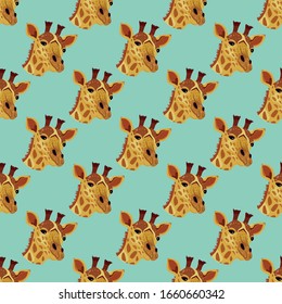 Hand drawn vector giraffe head seamless pattern on turquoise green  background. Exotic animal creative illustration repeating style image.