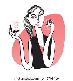 Hand drawn vector girl with compact powder