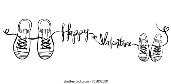 Hand drawn vector.Boy and girl couple shoes and rope is tied together as Happy Valentine's word with hand lettering.Walk on the path of love.Love is a journey.You'll never walk alone.