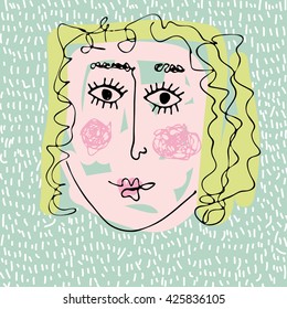 Hand drawn vector girl face in naive still. Cute blonde. Child's drawing of mother.