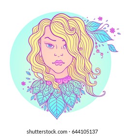 Hand drawn vector girl with long hair and leaves on a blue background