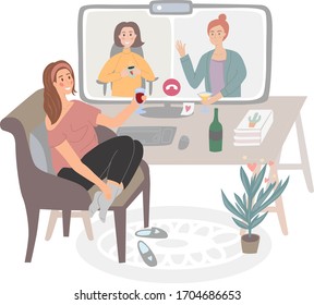 Hand Drawn Vector Girl On A Chair At Home Meeting Friends Online. Video Conference, Online Party, Virtual Cocktail Party. People Drink Together During Quarantine. Home Activities, Entertainment.