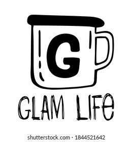 Hand drawn vector glamping illustranion. Hot drink mug. Suitable for postcards, for backgrounds, flyers, decorations, banners, icons. It can be used as a sample for the designer. Eps 10.