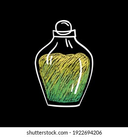 Hand drawn vector glass bottle with colorful magic potion, witchcraft