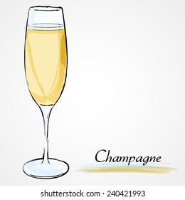 Hand drawn vector glass of champagne on the light background