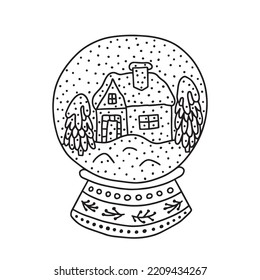Hand drawn vector glass snow globe with cute house. Coloring page with Christmas snowball.
