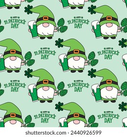  Mano dibujado vector gnomo con cerveza verde y planta de lúpulo con el saludo del día de san patrick, patrón sin fisuras