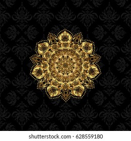 Hand drawn vector gold Mandala seamless pattern. Ethnic ornament on black background. Magic vintage template of greeting, printing, cloth. Arabic, indian, turkish and ottoman culture decoration style.