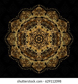 Hand drawn vector gold Mandala seamless pattern. Ethnic ornament on black backdrop. Magic vintage art for greeting, prints, cloth, fabric. Arabic, indian, turkish and ottoman culture decoration style.