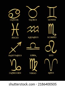 Hand drawn vector gold symbols of zodiac signs. Horoscope sign symbols set.