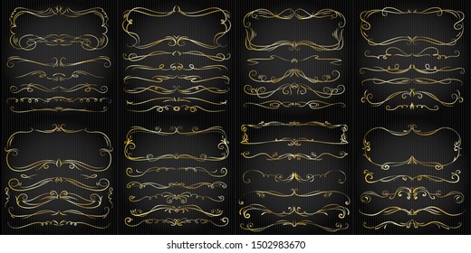 hand drawn vector golden ornate swirl doodle vintage calligraphic flourish design elements borders frames dividers set for wedding greeting and invitation card line classic ritual nails star group han