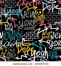 Hand drawn vector graffiti seamless pattern. Graffiti pattern background. Graffiti doodle illustrations. 