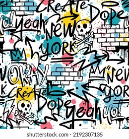 Hand drawn vector graffiti seamless pattern. Graffiti pattern background. Graffiti doodle illustrations. 