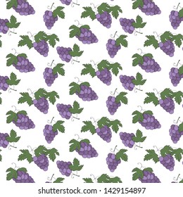 Hand drawn vector grape branches pattern. Color grape and leaves vector background.