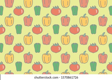 Hand drawn vector graphic. Abstract vegetables textured seamless pattern with paprika and green pepper and tomato. vegetables motif for wrapping, wallpaper, fabric, textile.