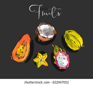 Hand drawn vector graphic abstract artistic exotic fruits illustrations collection set with coconut,papaya,dragon fruit and carambola isolated on black background.