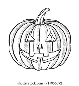 Hand drawn vector graphic  angry smiling pumpkin. Halloween party  invitation design elements isolated on white background.