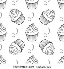 Handgezeichnete Vektorgrafik Schwarz-Weiß Cupcakes nahtloses Muster. Design für Süßwarengeschäft, Bäckerei, Süßwarengeschäft, Stoff, Mode, Verpackungspapier