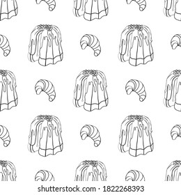 Handgezeichnete Vektorgrafik Schwarz-Weiß-Kuchen und Croissant nahtlose Muster. Design für Süßwarengeschäft, Bäckerei, Süßwarengeschäft, Stoff, Mode, Verpackungspapier