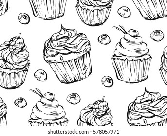 Hand drawn vector graphic black and white cupcakes seamless pattern.Design for candy shop.bakery,sweet shop,fabric,fashion,wrapping paper,business.Unique unusual art. Decoration for coloring book.